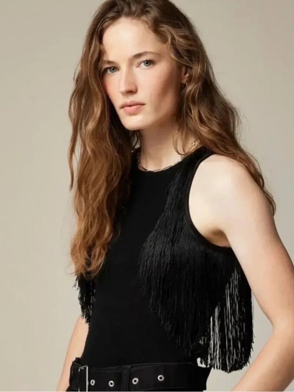J. Crew Black Fringe-Trim cashmere tank